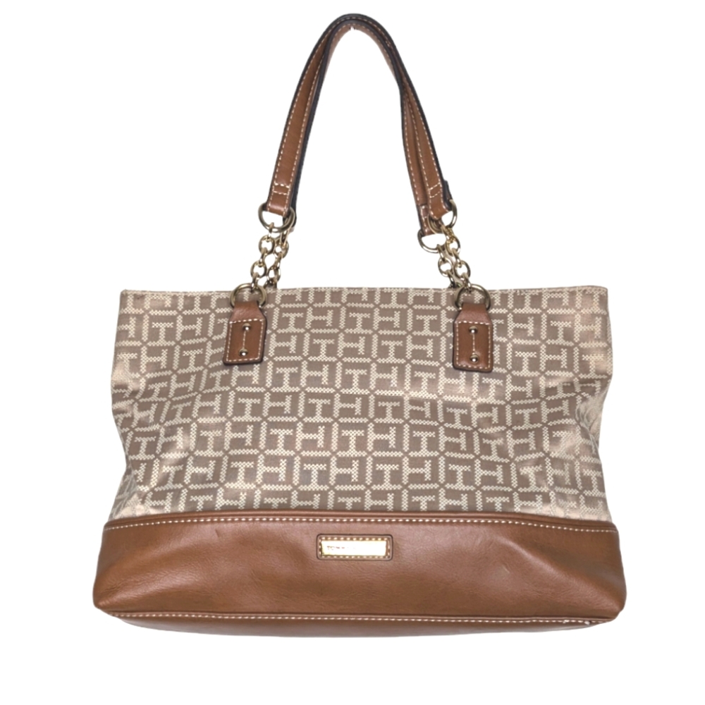 Tommy Hilfiger Cream Brown Imitation Leather Gold Chain Tote Handbag Purse
